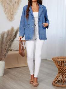 SHEIN LUNE Của phụ nữ Vòng cổ Áo khoác denim - Rửa trung bình - Xem 5