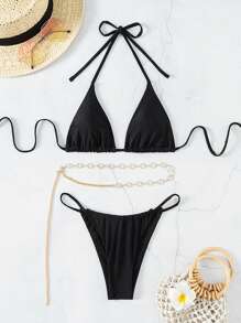 SHEIN Swim 女士比基尼套装（微三角杯，随机饰品）夏季 - 黑色 - 查看 7