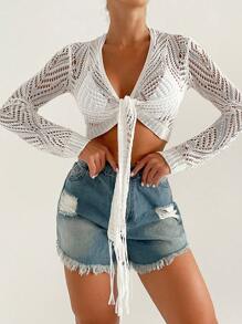 SHEIN Swim Summer Women's Solid Color Knitted Hollow Out Tie-Up Crop Kimono, Long Sleeve Beach Outfit Vacay Vibe