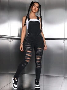 SHEIN EZwear 修身牛仔背帶褲,磨損洞和貼袋款式 - 黑色 - 查看 1