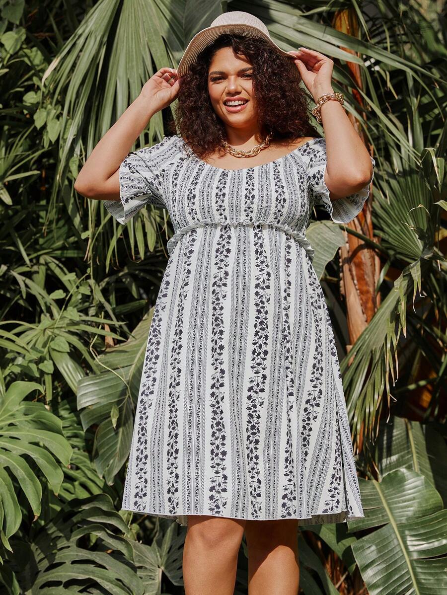 SHEIN Clasi Plus Size Floral Printed Flounce Sleeve Shirred Panel Dress - Multicolor - View 1
