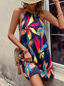 Breezaya Women's Floral Print Halter Neck Dress - Blue - View 4
