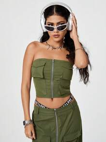 SHEIN EZwear 多口袋工裝背帶褲上衣 - 軍綠色 - 查看 3