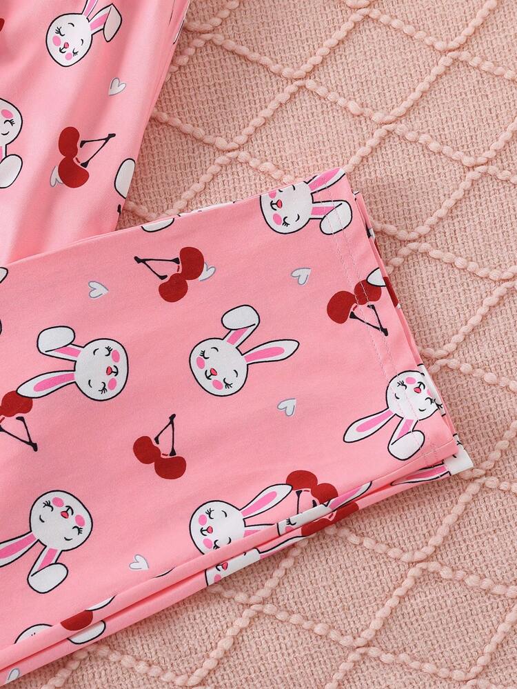 Tween Girls' Lovely Rabbit & Cherry Print Short Sleeve Top And Pants Casual 2-Piece Home Wear Set
