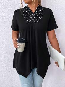 SHEIN Clasi Plus Size Polka Dot Pattern Asymmetrical Hem T-Shirt With Patchwork - Black - View 3