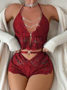 مجموعة ملابس داخلية بتفصيل سلسلة من الدانتيل الشفاف للنساء - عنابي اللون - مشاهدة 5