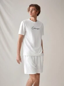 Manfinity RebelGame Men's Letter Print T-shirt And Drawstring Waist Shorts Set - White - View 5