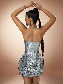 Rave Punk Metallic Silver Hook And Eyelet Lace Up Backless PU Leather Corset Shapewear Crop Clubwear Tube Top Edgy Music Festival - Silver - View 2