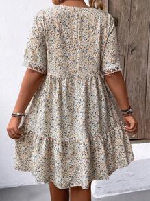 SHEIN LUNE Plus Size Women's Floral Print & Lace Patchwork Dress - Multicolor - View 2