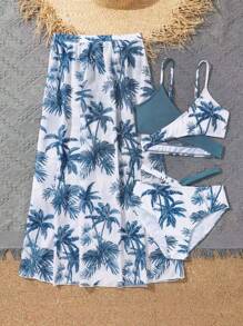 Tween Girl Palm Tree Print Bikini Set With Beach Skirt Summer Beach - Blue and White - View 3