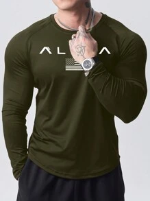Manfinity Sport PWRUP Camiseta de running de estilo novio con diseño de impresión de letras y bandera, camisa de manga larga para hombre