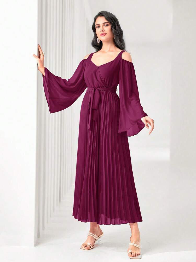 Ladies Solid Color Cold-Shoulder Flared Sleeve Dress