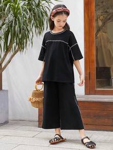 SHEIN 青少年女孩舒適寬鬆彩色拼接圓領下擺拖肩上衣和寬腿褲套裝 - 黑色 - 查看 4