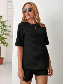 SHEIN Maternity Ribbed Round Neck T-Shirt And Shorts Set - Black - View 3