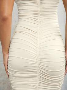 SHEIN BAE Spring Outfits Apricot Twisted Hollow Strap Pleated Elastic Tight Suspender Long Dress - Apricot - View 6