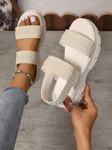 女士綁帶厚底楔形涼鞋,休閒百搭 - 米色 - 查看 4