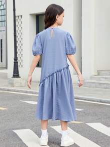 SHEIN Vestido De Media Longitud Con Lindo Diseño De Mangas De Burbuja Y Cuello Redondo Para Niñas Adolescentes Con Diseño De Abertura - Azul - Ver 2
