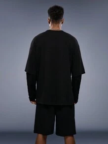 Mainfolk Men's Letter Printed Hollow Out Sleeve T-shirt With Shorts Set - Black - View 3