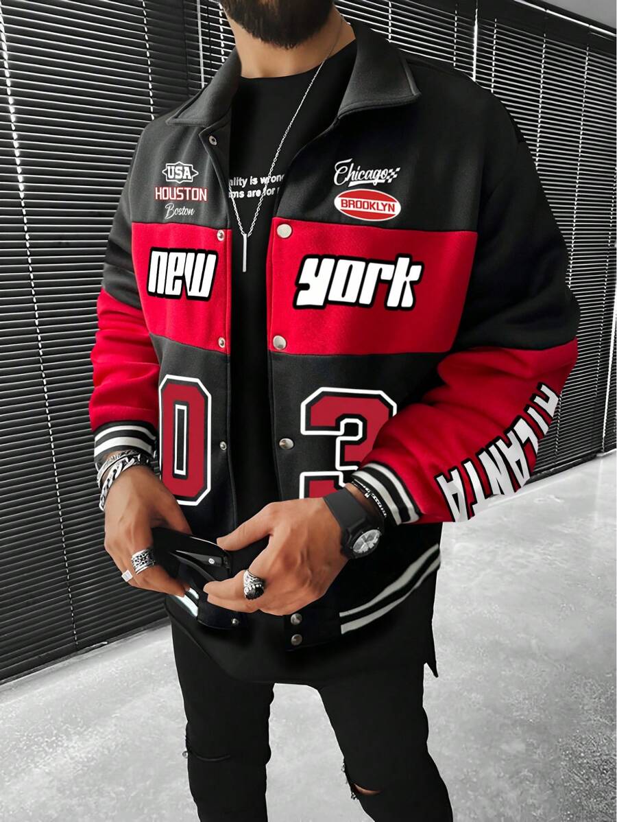 Manfinity LEGND Chaqueta oversize con gráfico de letras y bloques de color para hombres, colorida, de carreras, de manga larga, para salir, de tecnología, regalo para novio, chaqueta roja y negra para hombres, chaqueta universitaria para hombres, chaqueta de ropa urbana para hombres, grunge, otoño - Negro - Ver 1