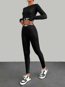 RueChic Letter Graphic Thumb Holes Crop Tee & Leggings - Black - View 4