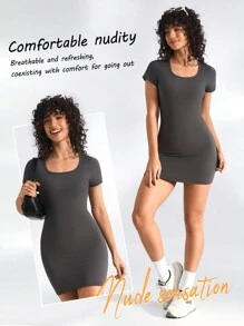 SHEIN Sports Athletic Bodycon Yoga Dress For Women Sport Dress - Grey - View 5