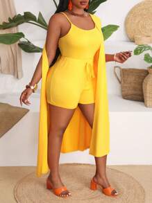 Slaydiva Bộ áo len cardigan không tay và quần short thường ngày Slayr cỡ lớn 3 món, mùa hè - Màu vàng - Xem 2