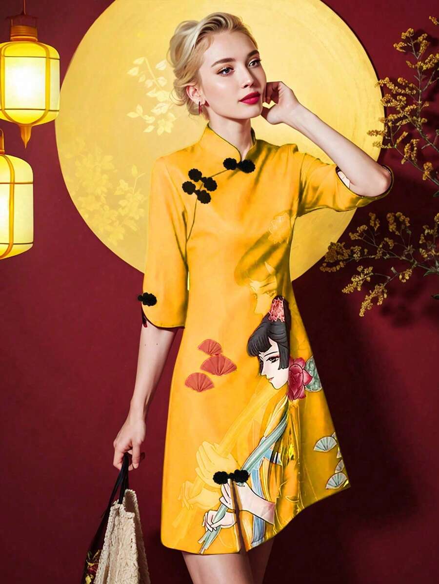 SHEIN Privé 以肖像與花卉圖案為特色的旗袍裙 - 黃色 - 查看 1