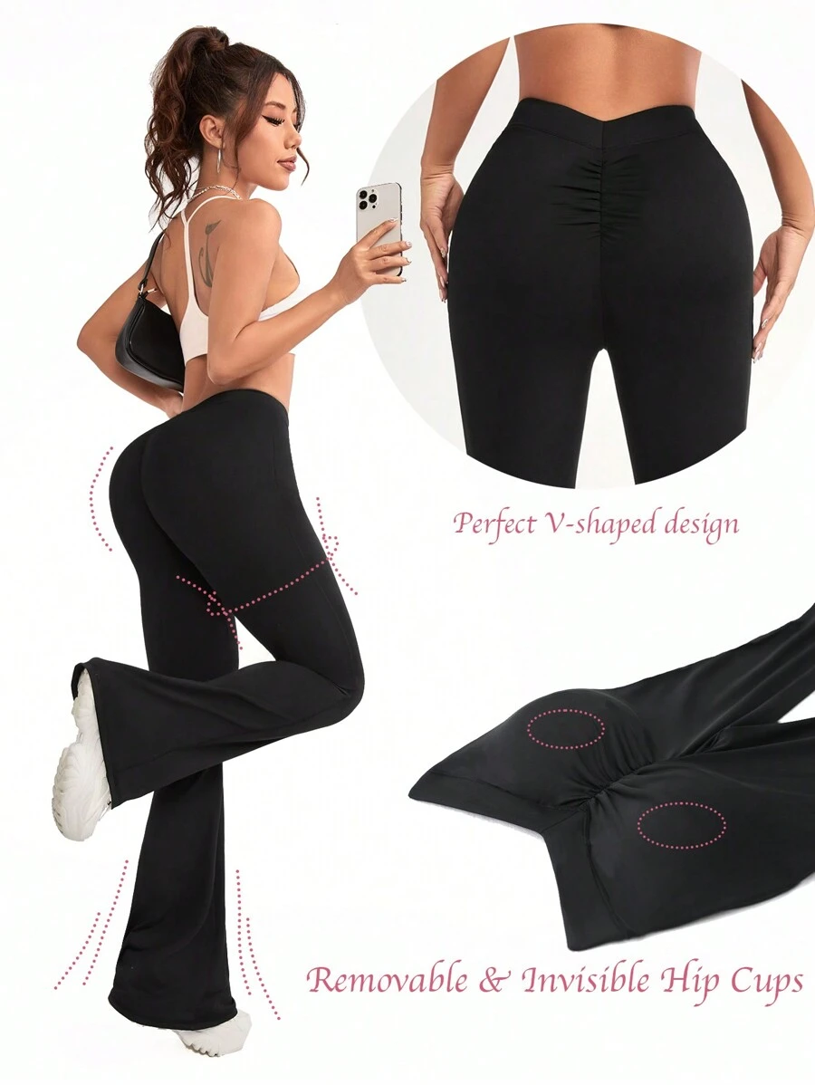 Easithlete 附墊喇叭形瑜珈褲,健身運動緊身褲 - 黑色 - 查看 1