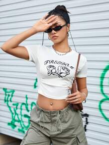 SHEIN Sports Floral And Letter Pattern Cropped Sports T-Shirts