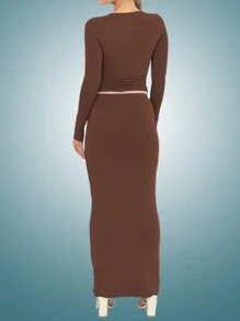 INAWLY 女款純色圓領長袖t卹+魚尾裙兩件套 - 咖啡棕 - 查看 2