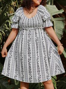 SHEIN Clasi Plus Size Floral Printed Flounce Sleeve Shirred Panel Dress - Multicolor - View 3
