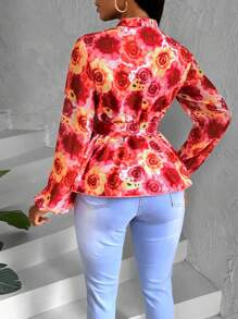 Zolique 女士長袖襯衫,褶邊設計 - 紅色 - 查看 2