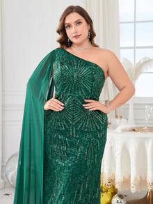 Asymmetric Neck Chiffon Extra Long Caped Sleeve Sequin Formal Dress - Dark Green - View 3