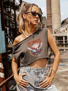 PUNK Women's Vintage Cropped Top With Eagle Design - Coffee Brown - View 5