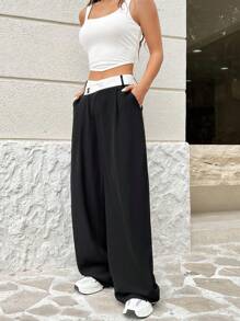 SHEIN EZwear 拼色腰部直筒西裝褲 - 黑與白 - 查看 5