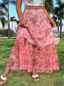 Flirla Plus Size Women's Floral Print Ruffle Hem Skirt Fall Cloth For Women - Multicolor - View 7