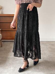 FRIFUL Falda evasé con estampado floral y volantes en el bajo para mujer - Negro - Ver 2