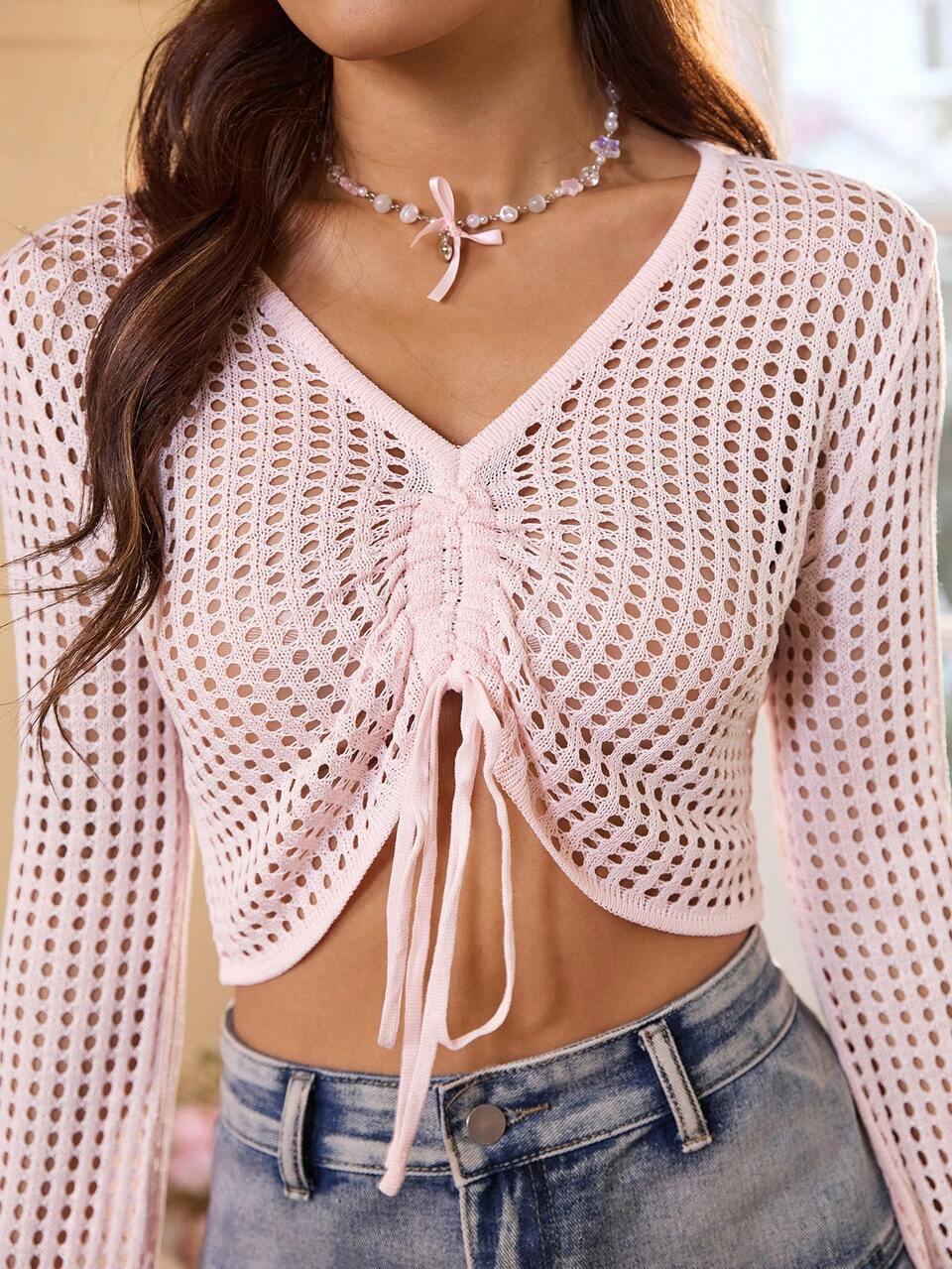 Women's Hollow Out Long Sleeve Pleated Sweater