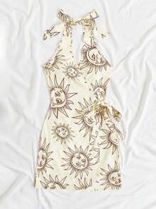 Soleia Women's Sun Element Front Tie One-Piece Beach Vacation Music Festival Summer Boho Dress - Beige - View 3