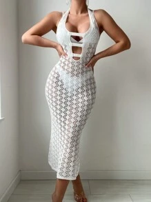 SHEIN Swim 夏季纯色镂空针织挂脖露背罩衫 - 白色 - 查看 4