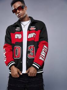 Manfinity LEGND Chaqueta oversize con gráfico de letras y bloques de color para hombres, colorida, de carreras, de manga larga, para salir, de tecnología, regalo para novio, chaqueta roja y negra para hombres, chaqueta universitaria para hombres, chaqueta de ropa urbana para hombres, grunge, otoño - Negro - Ver 5