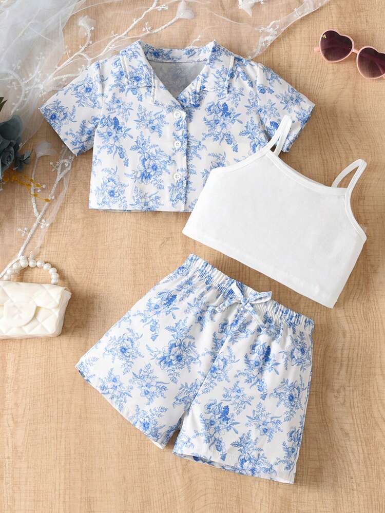 3pcs/Set Young Girl Casual Holiday Turn-Down Collar Short Sleeve Loose Fit Shirt, Shorts And Camisole Summer Outfits
