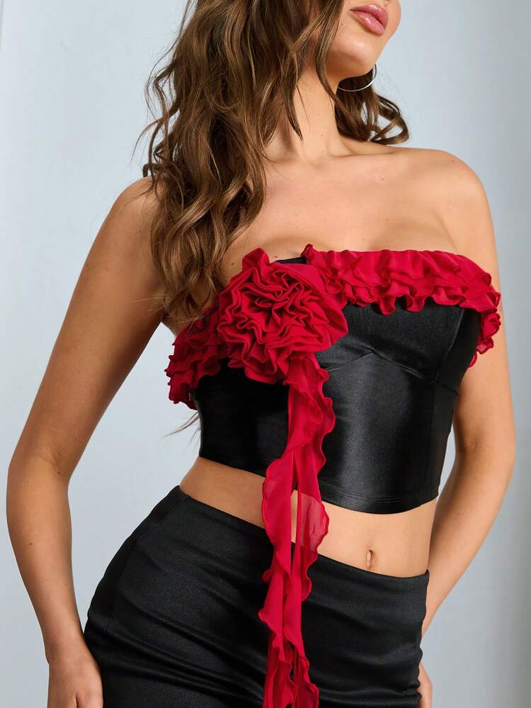 Color Block Multi-Layer Ruffle Trim Decor Strapless Top