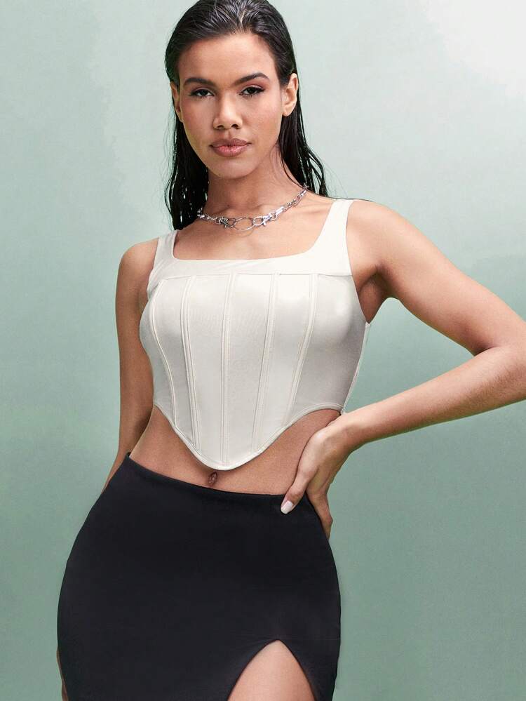 Women's Solid-Colored Nude Tone Square Neck Coated Fishbone Spring Top For Daily Wear, Going Out, Sexy Tight-Fitting Tank Top For Summer For Spring/Summer, Parties, Single Party, Date Night, Music Festival, Concert Outfits