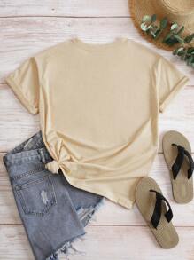 SHEIN Áo thun tay ngắn in hình đôi môi cỡ lớn cho nữ, Áo thun họa tiết BROWN SUGAR, Áo mùa hè - Màu Khaki - Xem 2