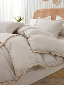 3件套涤纶面双线加四面绒被套（1个被套+2个枕套，不含填充物）现代美式田园森系经典柔软亲肤被套套装，适合所有季节，适用于居家、卧室、客房、主卧 - 米色 - 查看 5