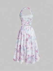 SHEIN MOD 女士印花荷葉邊露背上衣和裙子套裝