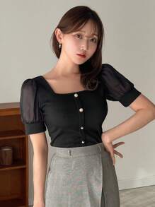 FRIFUL Của phụ nữ Lưới Ngắn tay Hình vuông Đường viền cổ áo Áo thun Với nút Chỉnh trang - màu đen - Xem 1