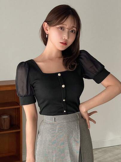 FRIFUL 女款網紗泡泡短袖方領紐扣 T 卹