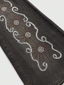 ROMWE Goth Women's Flare Jeans With Glitter Decoration - Dark Grey - View 3